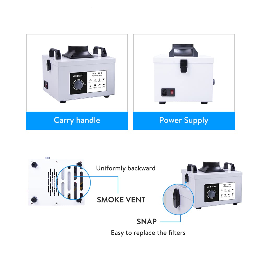 KNOKOO 100 W Löt-Laser-Rauchabsauger, FES150S, starke Saugkraft, 200 m³/h, 3-Stufen-Filter, Schweißrauchreiniger für 5 W 10 W Lasergravierer und Telefonreparatur, Lötfilterung