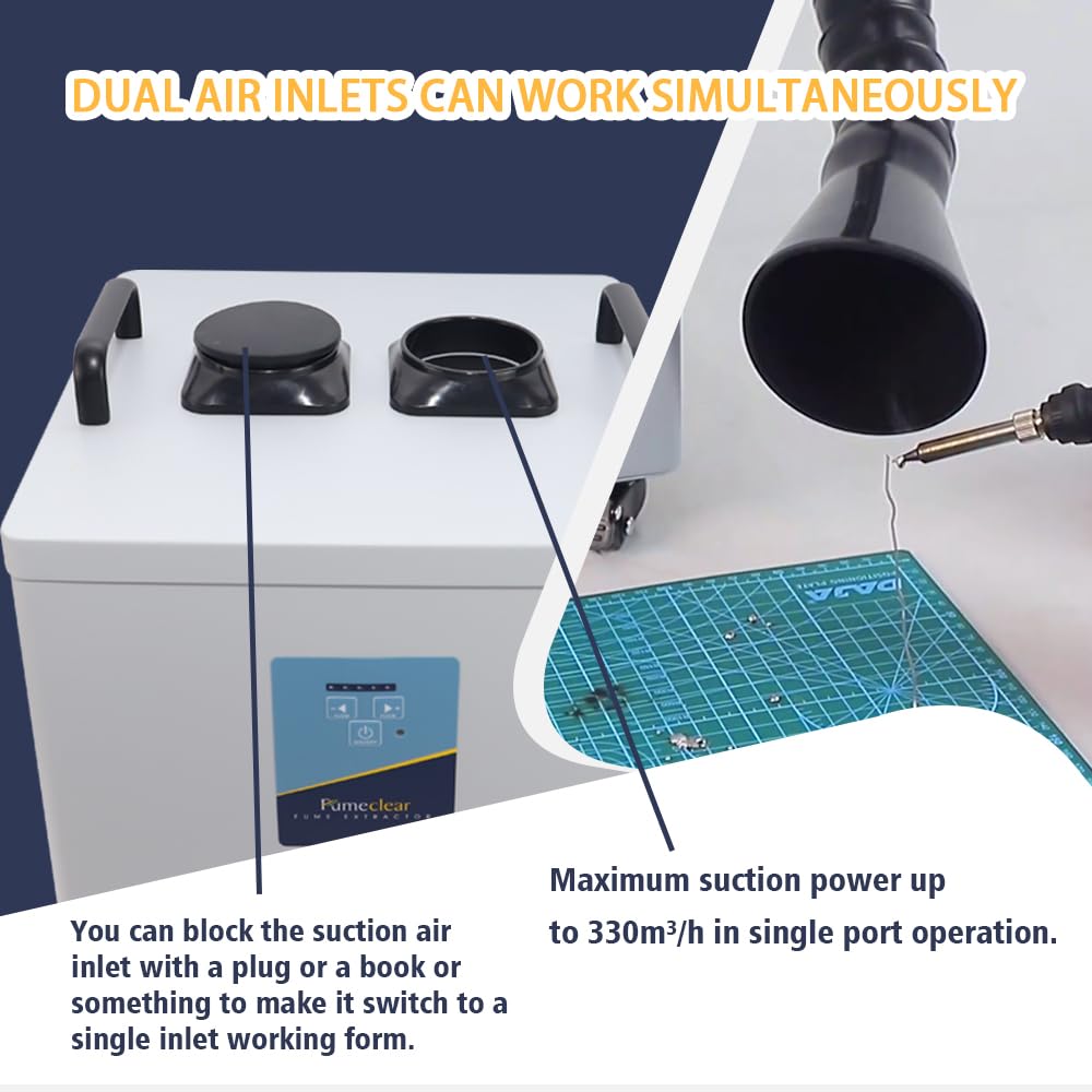 FumeClear FC-2003 Rauchabzug mit zwei Anschlüssen für 20 W und 30 W Lasergravur, geräuscharm, starke Saugleistung 330 m³/h, 3-stufiges Filtersystem mit 12 Filtern für Lötarbeiten, DTF-Drucker und Schönheitssalons