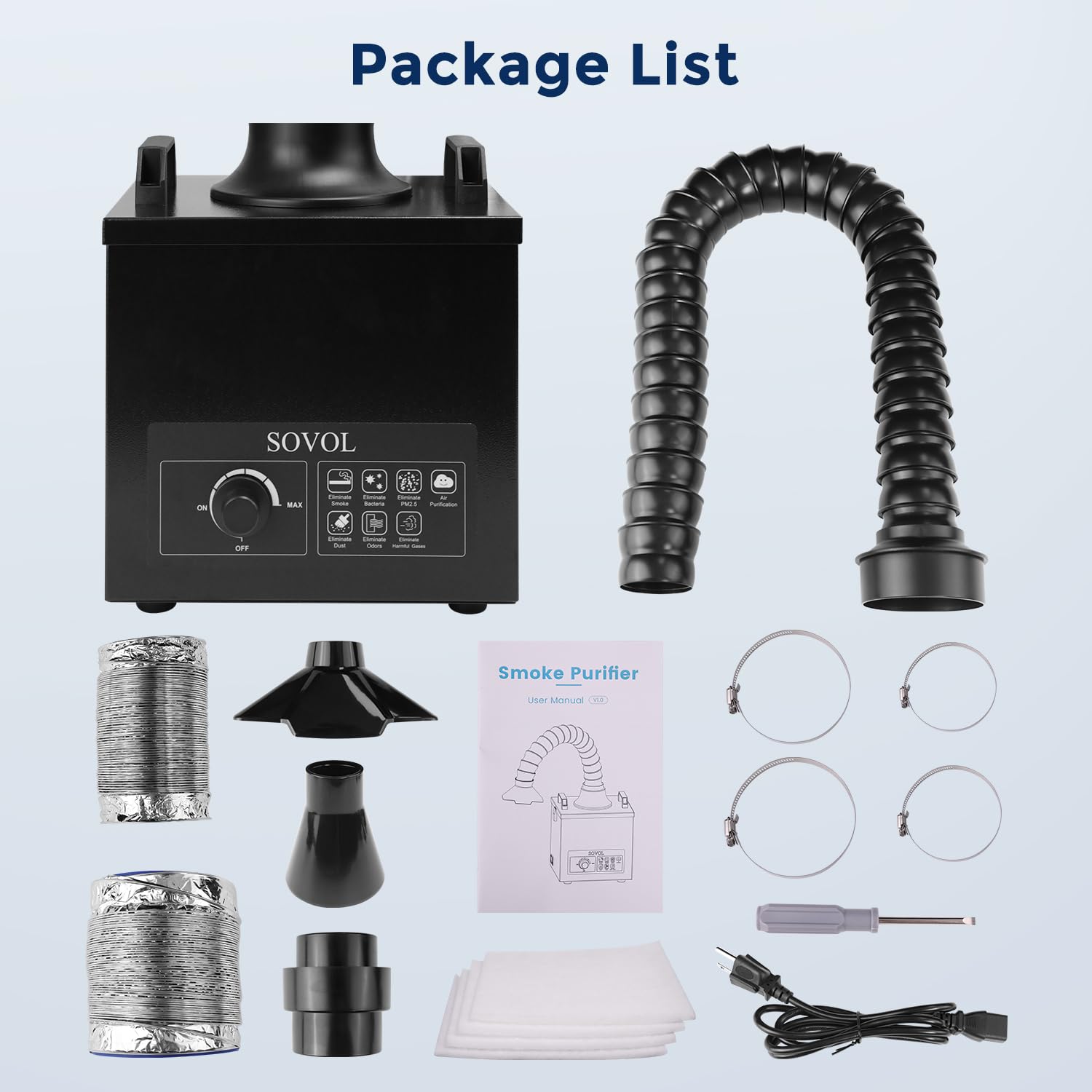 Sovol はんだ煙抽出器、100W 吸引煙吸収除去器、風量 200m³/h、3 段階濾過、2 種類の形状の煙フード、3 本の排気ホース、溶接煙吸収はんだ付け用