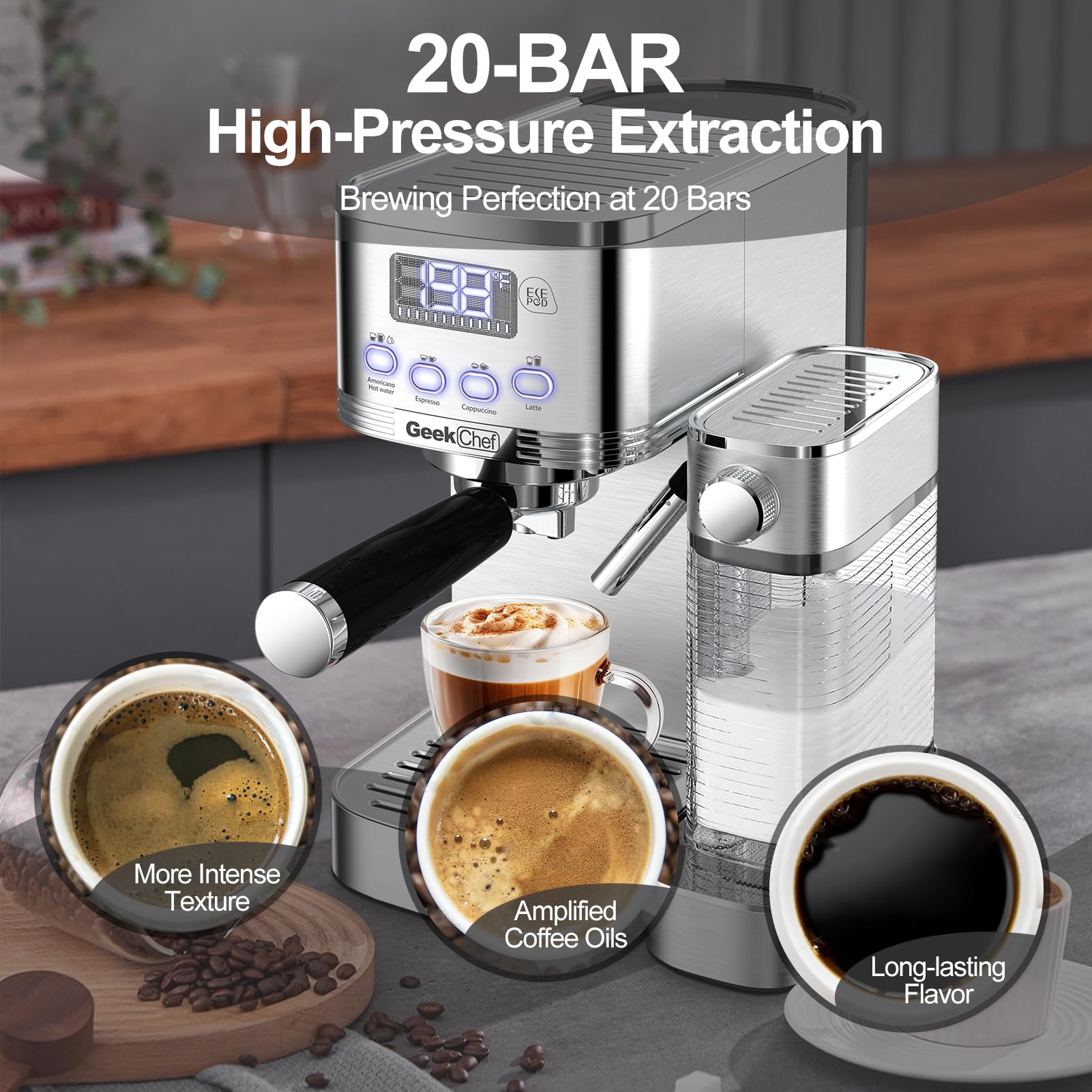 Geek Chef エスプレッソ&カプチーノマシン 自動ミルク泡立て器付き 20Bar エスプレッソメーカー 家庭用 カプチーノまたはラテ用 ESE PODフィルター付き ステンレススチール コーヒー愛好家へのギフト