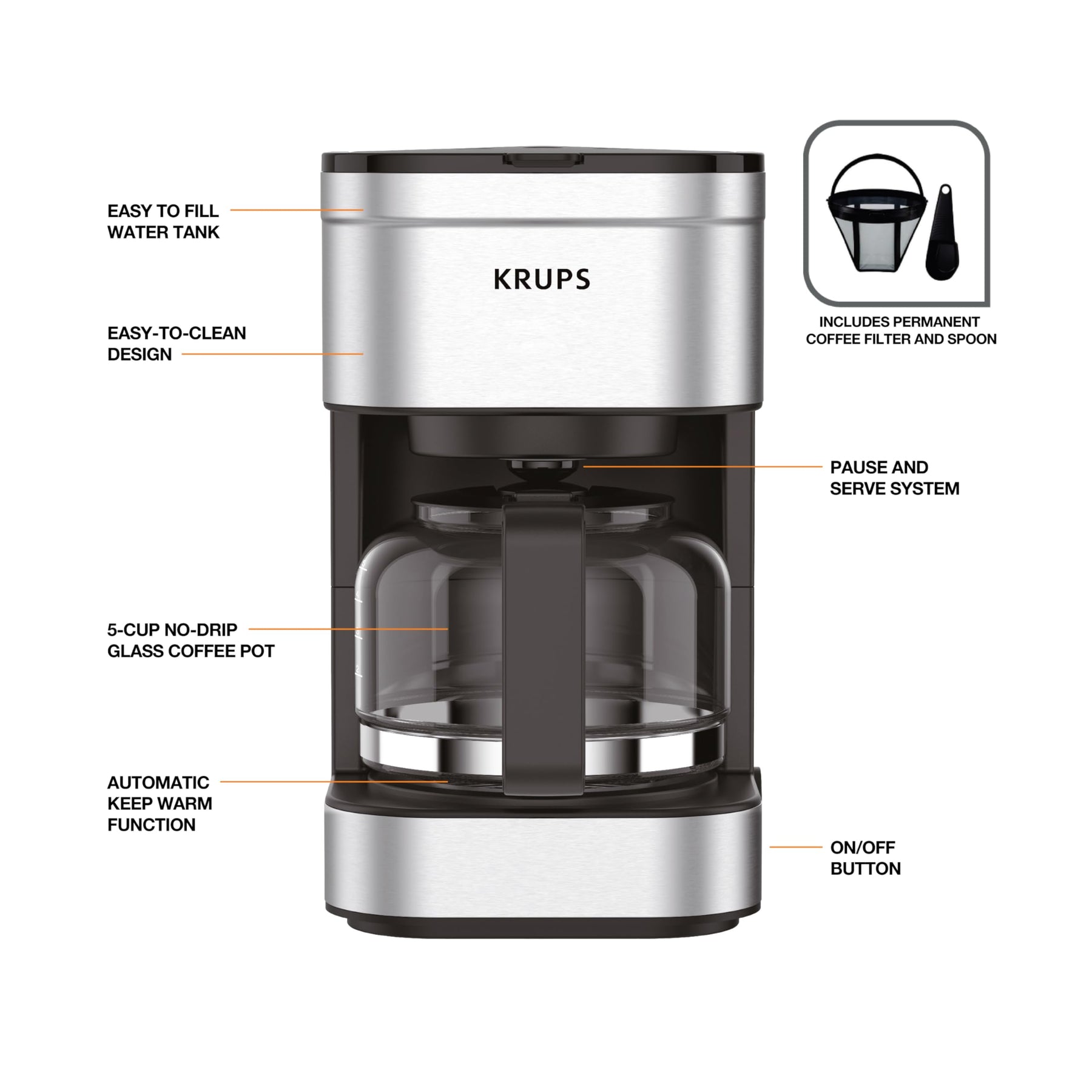 KRUPS シンプルブリュー コンパクト 5カップ コーヒーメーカー: ステンレススチールデザイン、一時停止&抽出機能、保温機能、再利用可能なフィルター、滴り落ちないカラフェで朝の淹れものが簡単にでき、お手入れも簡単
