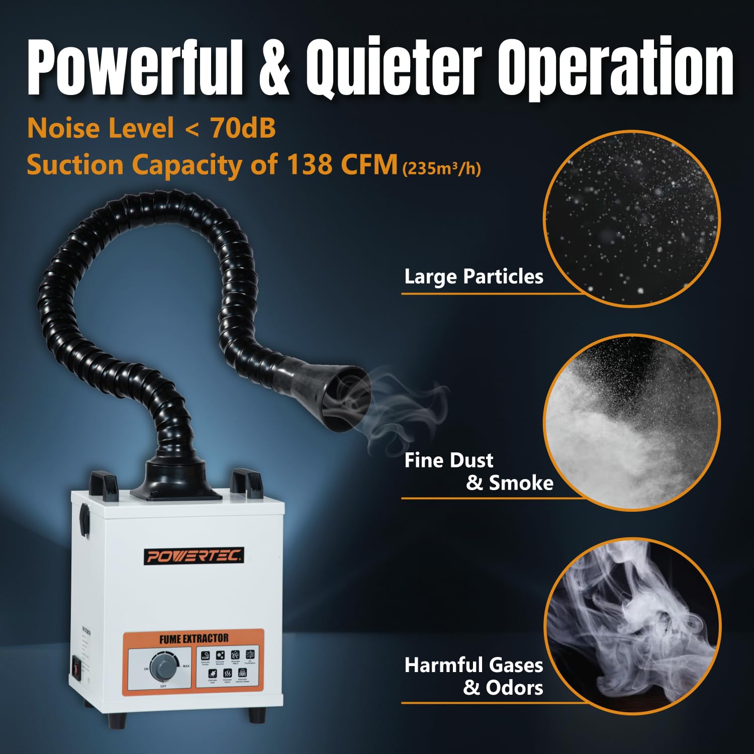 POWERTEC Lötrauchabsaugung, 3-stufiges Filtersystem, 120 W Saugleistung, 138 CFM (235 m³/h), geräuscharmer Rauchabsorber für Laserschneider und 3D-Drucker, Rauchreiniger für Löten und Schweißen auf dem Schreibtisch (FE1380)