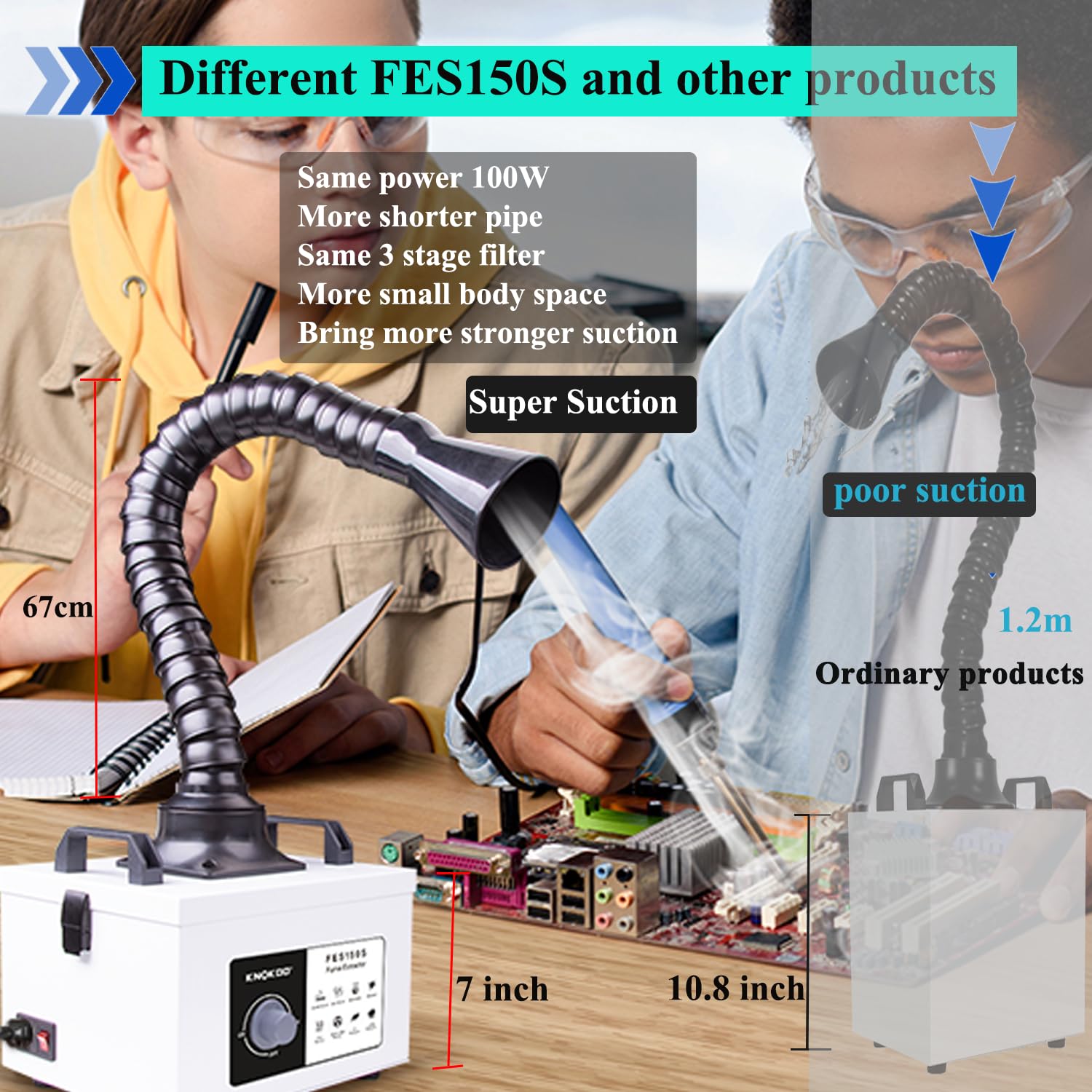 FES150S 100W レーザー煙抽出器、低騒音強力吸引 3 段階フィルター、5W および 10W レーザー彫刻機用溶接煙浄化器、電話修理はんだ付けフィルタリング