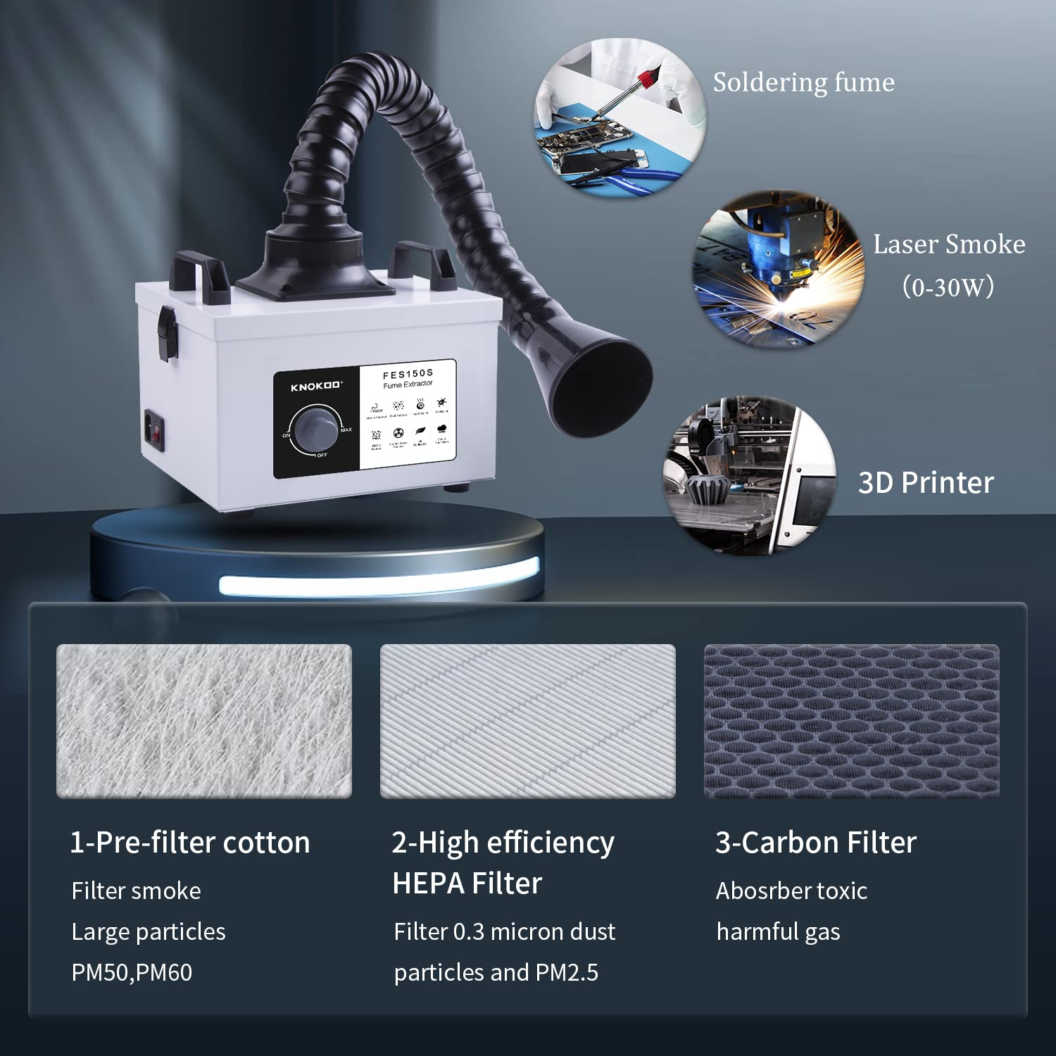 KNOKOO 100 W Löt-Laser-Rauchabsauger, FES150S, starke Saugkraft, 200 m³/h, 3-Stufen-Filter, Schweißrauchreiniger für 5 W 10 W Lasergravierer und Telefonreparatur, Lötfilterung