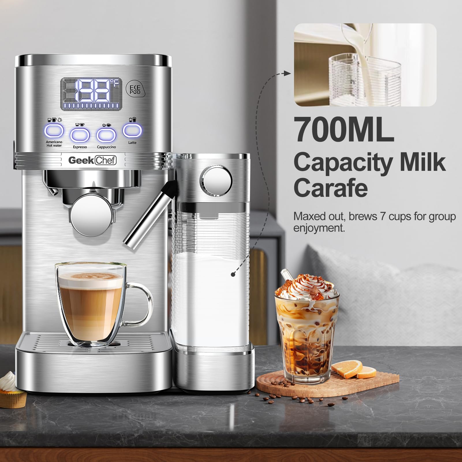 Geek Chef エスプレッソ&カプチーノマシン 自動ミルク泡立て器付き 20Bar エスプレッソメーカー 家庭用 カプチーノまたはラテ用 ESE PODフィルター付き ステンレススチール コーヒー愛好家へのギフト