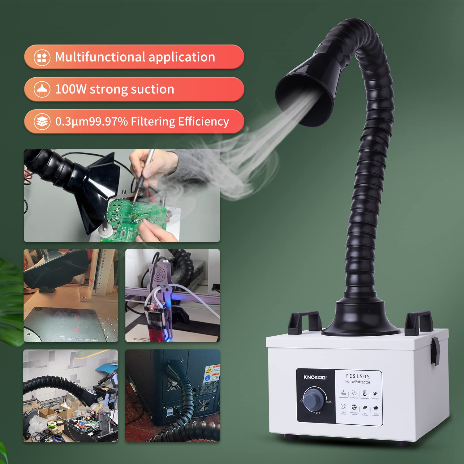 KNOKOO 100 W Löt-Laser-Rauchabsauger, FES150S, starke Saugkraft, 200 m³/h, 3-Stufen-Filter, Schweißrauchreiniger für 5 W 10 W Lasergravierer und Telefonreparatur, Lötfilterung