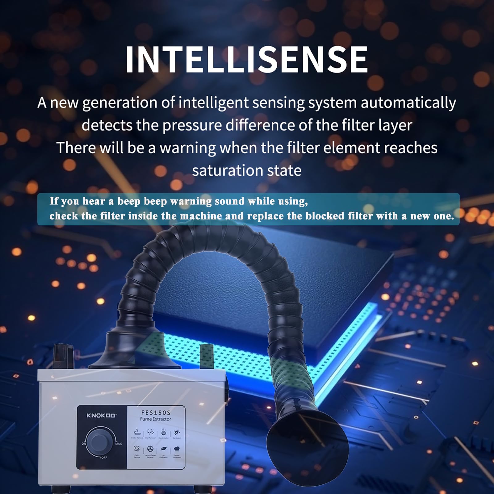 KNOKOO 100 W Löt-Laser-Rauchabsauger, FES150S, starke Saugkraft, 200 m³/h, 3-Stufen-Filter, Schweißrauchreiniger für 5 W 10 W Lasergravierer und Telefonreparatur, Lötfilterung