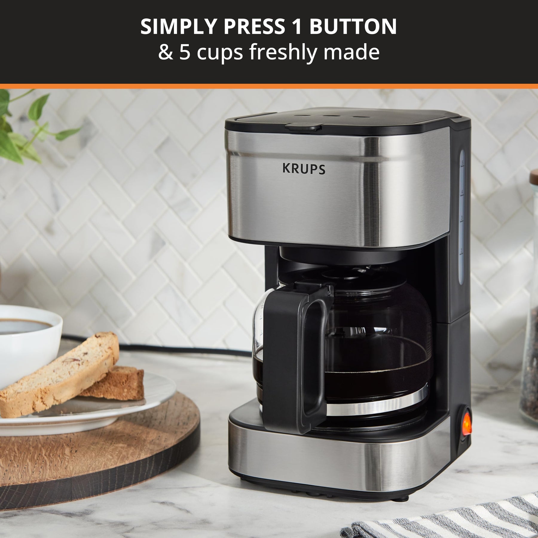 KRUPS シンプルブリュー コンパクト 5カップ コーヒーメーカー: ステンレススチールデザイン、一時停止&抽出機能、保温機能、再利用可能なフィルター、滴り落ちないカラフェで朝の淹れものが簡単にでき、お手入れも簡単