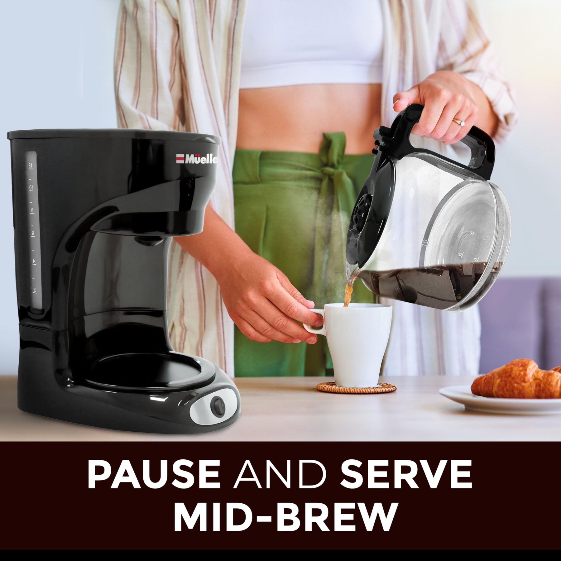 Mueller 12カップ ドリップコーヒーメーカー - ホウケイ酸ガラスカラフェ、自動オフ、再利用可能なフィルター、滴り防止、保温機能、透明な水位ウィンドウ付きコーヒーマシン、家庭やオフィスに最適