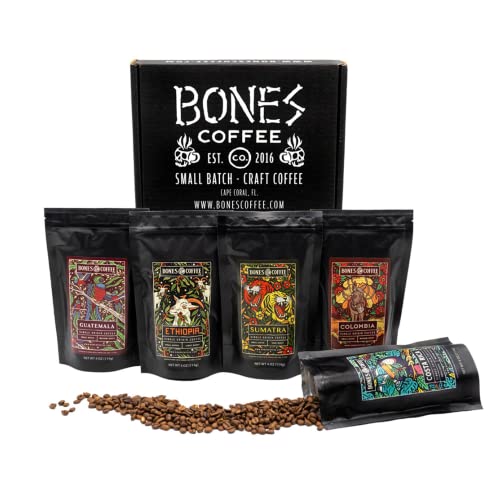 Bones Coffee Company ワールドツアー サンプルパック ギフトセット、ミディアムロースト ホールビーンコーヒー 低酸味フレーバーコーヒー豆 (4 オンス、5 パック)