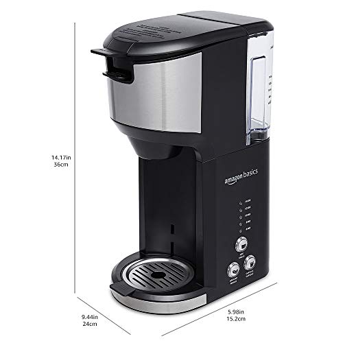 Amazon Basics Single Serve Coffee Maker K-Cup, 14 Oz, Black & Stainless Steel Machine, 5.98"D x 9.44"W x 14.17"H