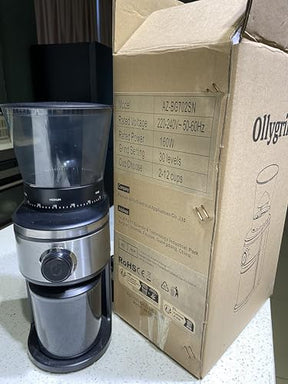 Ollygrin バーコーヒーグラインダー、2〜12カップ用の30段階のグラインド設定を備えた電動円錐形コーヒー豆グラインダー、シルバーとブラック