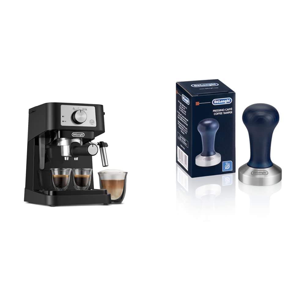 De'Longhi Stilosa Manuelle Espressomaschine, Latte- und Cappuccino-Zubereiter, 15 Bar Pumpendruck + manueller Milchaufschäumer, Dampfstab, Schwarz/Edelstahl, EC260BK und DLSC058 Kaffeestampfer