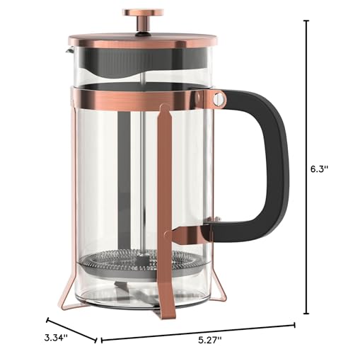 QUQIYSO Kaffeemaschine, French Press aus 304 Edelstahl mit 4 Filtern, hitzebeständig, langlebig, leicht zu reinigen, Kaffeepresse aus Borosilikatglas, 100 % BPA-freie Teekanne, 21 Unzen, Kupfer