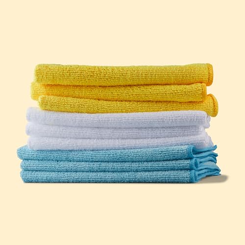 Amazon Basics Microfiber Cleaning Cloths, Lint Free, Absorbent, Streak Free, Non-Abrasive, Reusable and Washable, Pack of 24, Blue/White/Yellow, 16" x 12"