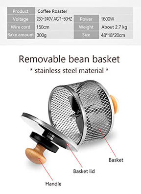 OAQZGBVK 300G 電気コーヒーロースター 熱風コーヒー焙煎機 304 ステンレススチールケージ/ベーキングギア付き 1-7 調節可能 コーヒー豆のベーキング 家庭用 1600W