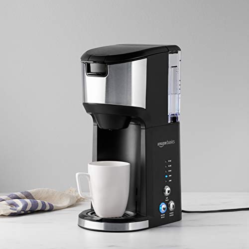 Amazon ベーシック シングルサーブ コーヒーメーカー K-Cup、14 オンス、ブラック &amp; ステンレススチール マシン、5.98"D x 9.44"W x 14.17"H