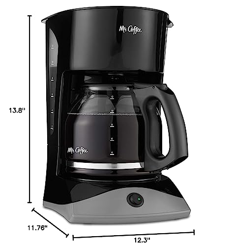 Mr. Coffee Black Coffee Maker, 12 Cups, with Auto Pause and Glass Carafe, Perfect for Home and Office Use