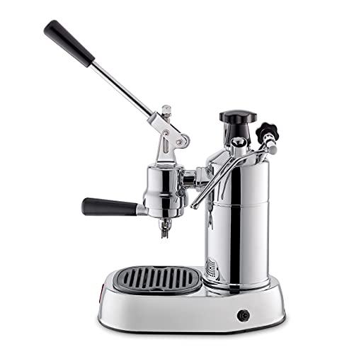 La Pavoni PC-16 プロフェッショナル エスプレッソ マシン | 16 カップ容量 | ブラック アクセントのクローム仕上げ | 真鍮製 38 オンス ボイラー | 圧力ゲージ付きデュアル泡立てシステム | イタリア製