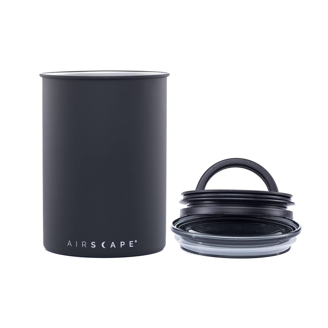 Planetary Design Airscape Stainless Steel Coffee Canister | Food Storage Container | Patented Airtight Lid | Push Out Excess Air Preserve Food Freshness (Medium, Matte Black)