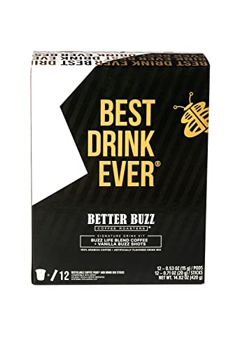 Better Buzz 最高のドリンク バニラ ラテ シングルサーブ コーヒーメーカー キット 24個入り、ミディアムロースト コーヒーポッド 12個 (Buzz Life)、バニラ コーヒー クリーマー パウダー スティック パック 12個 (Vanilla Buzz)、Kカップ対応