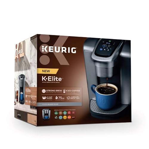 Keurig K-Elite Single Serve K-Cup Pod Kaffeemaschine, mit Stärke- und Temperaturkontrolle, Eiskaffee-Funktion, Brühgröße von 230 bis 340 ml, programmierbar, gebürstetes Silber