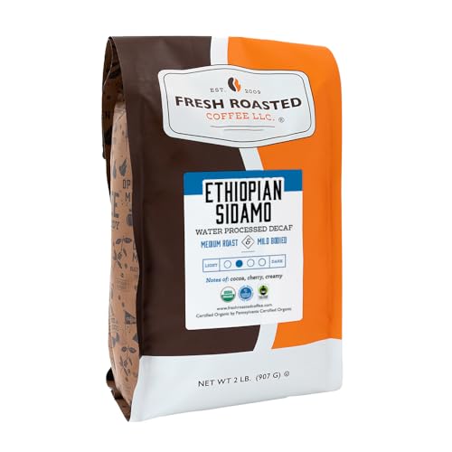 Fresh Roasted Coffee, Fair Trade Organic Ethiopian Sidamo Water Decaf, 2 lb (32 oz), Kosher, Medium Roast Whole Bean