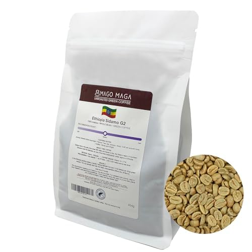 MAGO MAGA Unroasted Green Coffee Beans - Ethiopia Sidamo G2, 100% Arabica, 434 g Bag - Rainforest Alliance Certified, Premium Specialty Coffee for Home Roasting