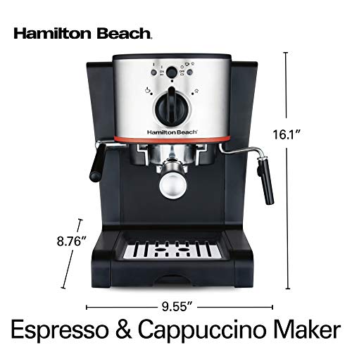 Hamilton Beach Espressomaschine, Latte- und Cappuccino-Maschine mit Milchaufschäumer, 15 Bar italienische Pumpe, Einzeltasse, Schwarz und Edelstahl (40792)