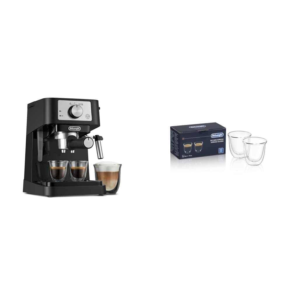 De'Longhi Manual Espresso Machine with 15 Bar Pump, Milk Frother, and 2 Thermo Espresso Glasses