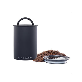 Planetary Design Airscape Stainless Steel Coffee Canister | Food Storage Container | Patented Airtight Lid | Push Out Excess Air Preserve Food Freshness (Medium, Matte Black)