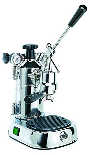 La Pavoni PC-16 プロフェッショナル エスプレッソ マシン | 16 カップ容量 | ブラック アクセントのクローム仕上げ | 真鍮製 38 オンス ボイラー | 圧力ゲージ付きデュアル泡立てシステム | イタリア製