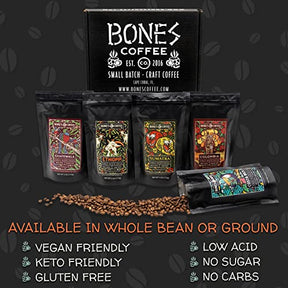 Bones Coffee Company World Tour Probepaket-Geschenkset, mittelstark gerösteter Kaffee aus ganzen Bohnen, aromatisierte Kaffeebohnen mit niedrigem Säuregehalt (4 oz, 5er-Pack)