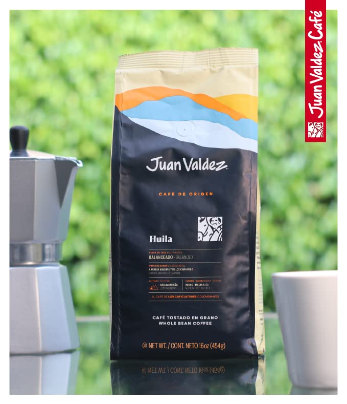 Juan Valdez Huila Kaffee aus ganzen Bohnen, mittelstark geröstet, Origin Selection, kolumbianischer Kaffee, ausgewogen und mit süßen Restnoten, mittlerer Säuregehalt, intensives Aroma, zertifiziert human, Regenwald, Halal, koscher, BASC, OEA