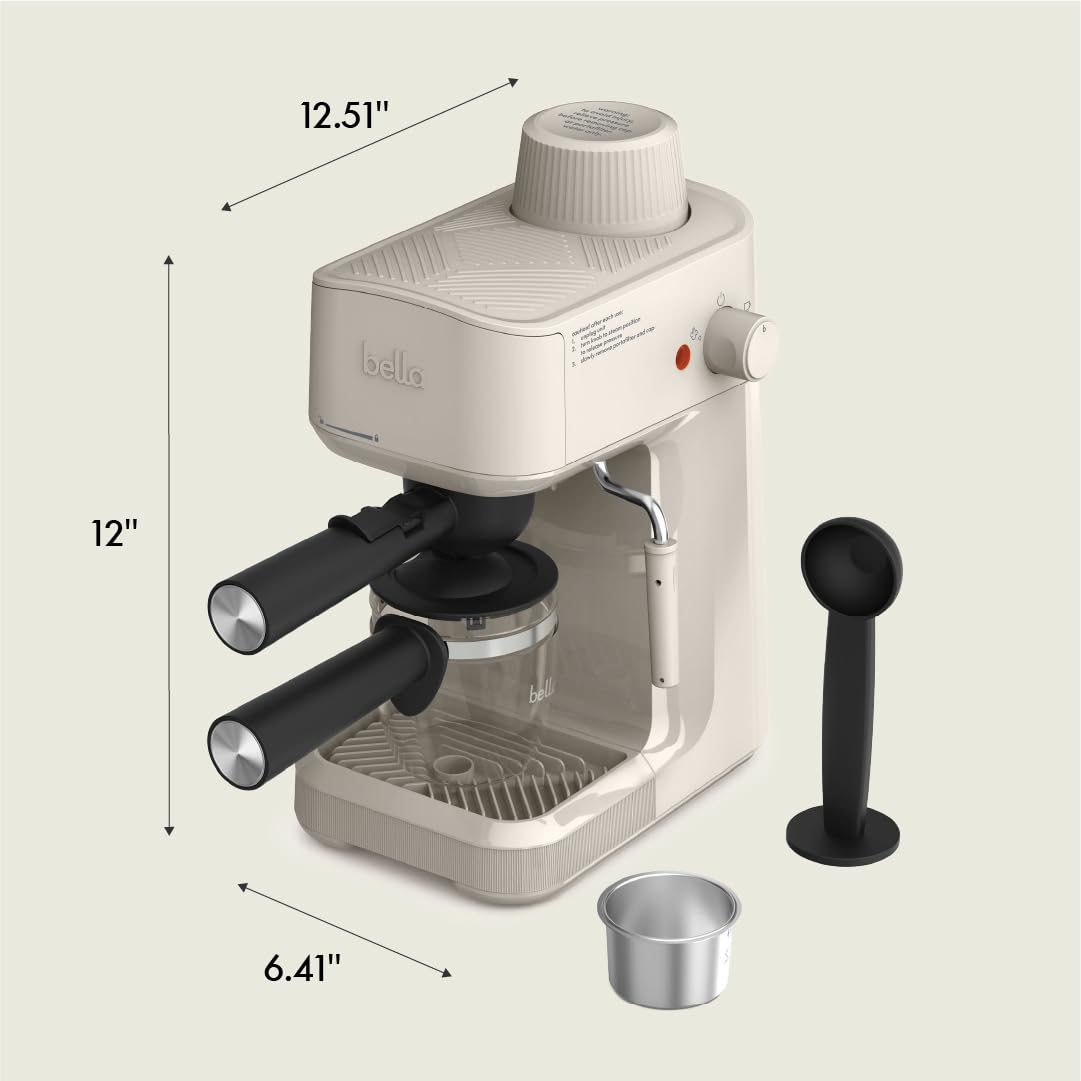 BELLA Dampf-Espressomaschine mit Mikroschaumdüse, abnehmbarer Tropfschale und spülmaschinenfester Glaskaraffe und Siebträger, wiederverwendbarer 4-Tassen-Filter, Überhitzungs- und Überdruck-Sicherheitsfunktionen, 3,5 Bar, Hafermilch