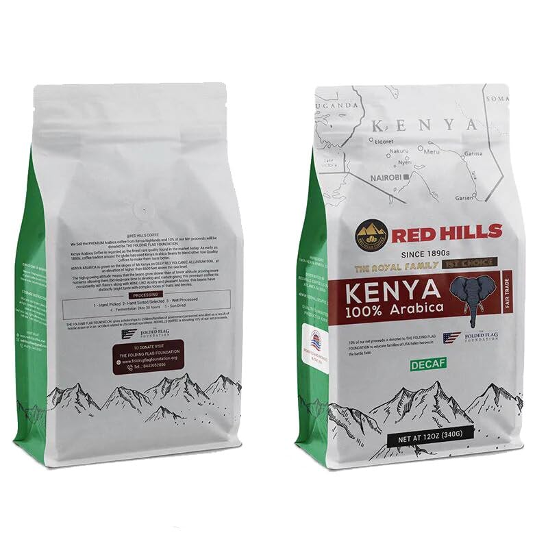 RED HILLS KENYA DECAF ROAST Coffee, 100% Arabica Fresh Roasted Coffee (Bean, 12 OZ)