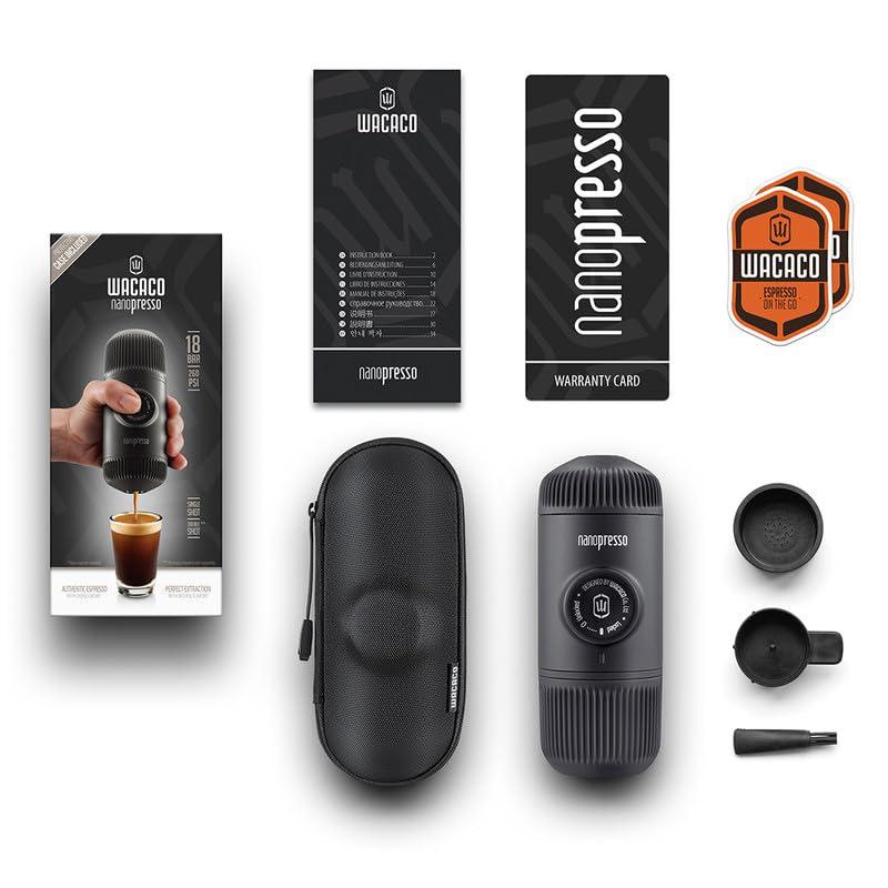 WACACO Nanopresso Tragbare Espressomaschine mit Schutzhülle, Mini-Reisekaffeemaschine, perfekt für Camping, Reisen und Büro (Schwarz)