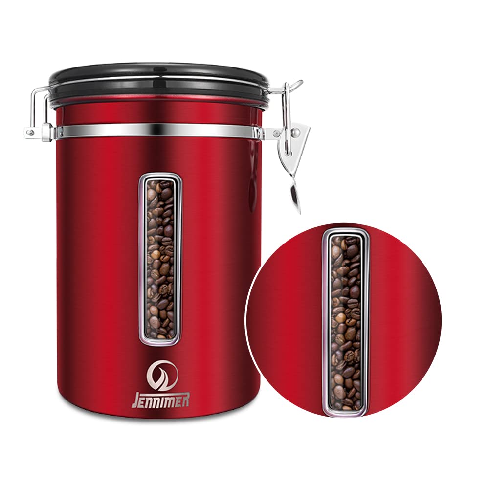 JENNIMER Coffee Canister - Large, Stainless Steel Airtight Coffee Containers with Transparent Window,Date Tracker, CO2-Release Valve and Measuring Scoop for Freshness of Storage Coffee(Red)