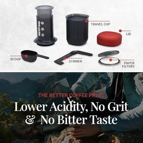 AeroPress Go Reise-Kaffeepressen-Set – 3-in-1-Brühmethode kombiniert French Press, Pourover und Espresso – Vollmundiger Kaffee ohne Körnigkeit oder Bitterkeit – Kleine tragbare Kaffeemaschine für Camping und Reisen