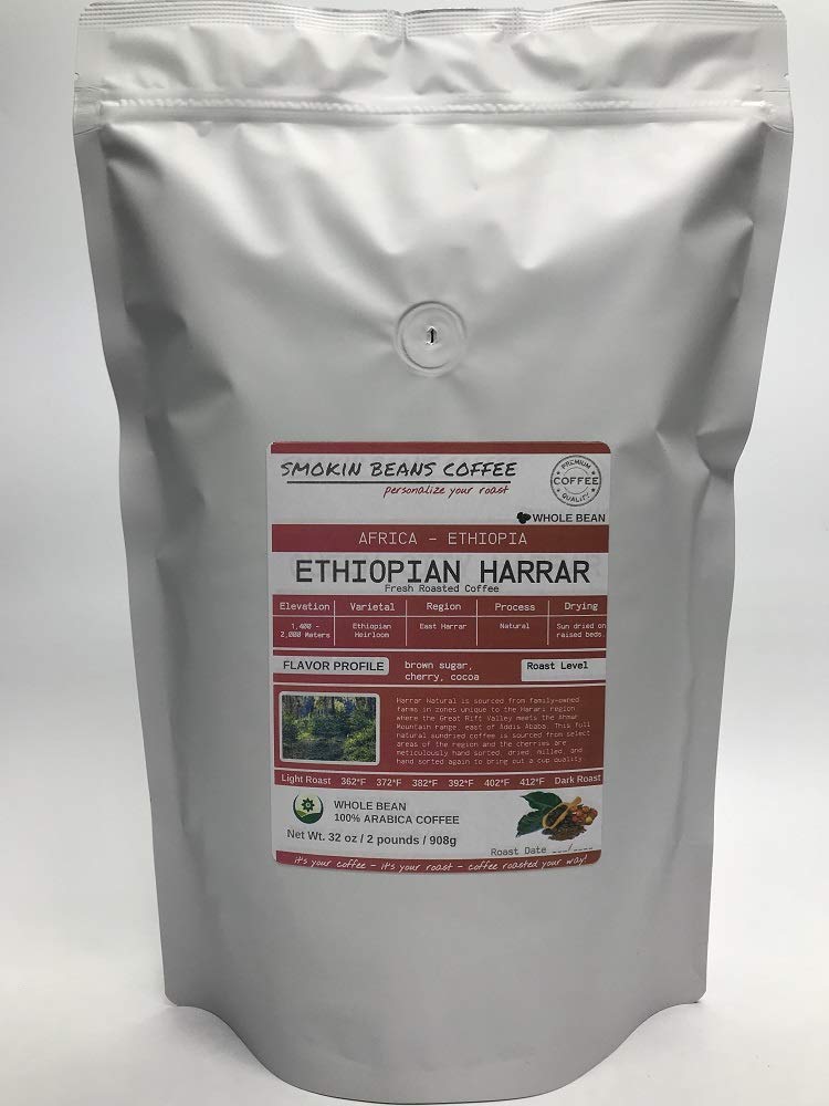 2-pound Ethiopia Harrar (Fresh Roasted Coffee) heirloom Arabica beans roasted-to-order daily medium roast whole bean, we can grind or provide lighter or darker roast upon request message at checkout