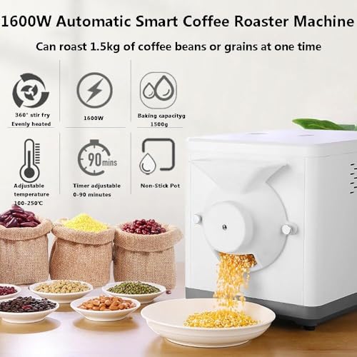 KANGJIEM Kaffeebohnenröster, 1600 W elektrischer Kaffeeröster, 0–90 Minuten Timer, 100 ℃-250 ℃ Temperatureinstellung + Antihaft-Topf, für gewerbliches und privates Rösten von Nüssen und Getreide