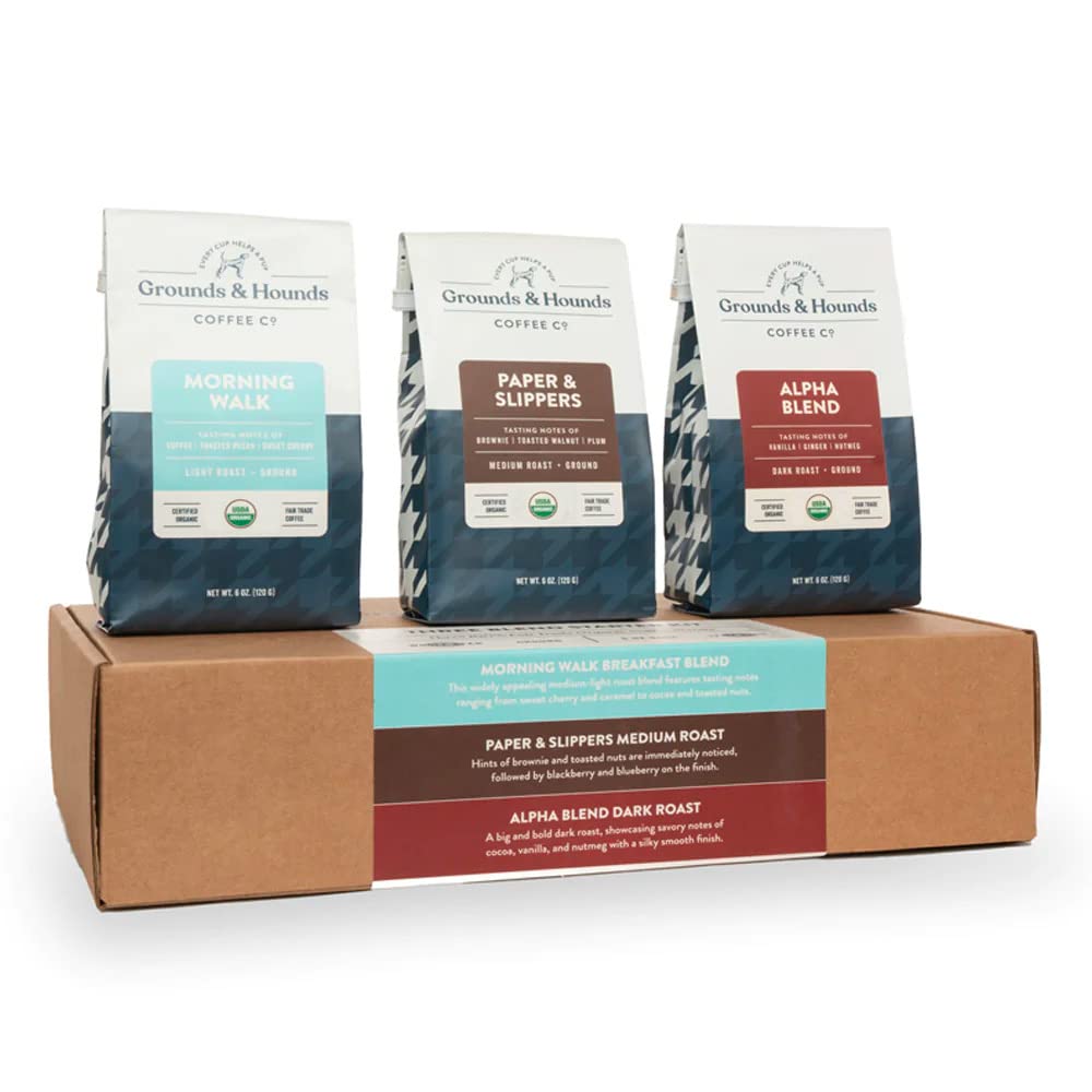 Grounds & Hounds Three Blend Starter Kit - 100% Organic Whole Bean Coffee Variety Pack, Whole Coffee Beans, Includes Three 6oz Bags of Our Most Popular Blends