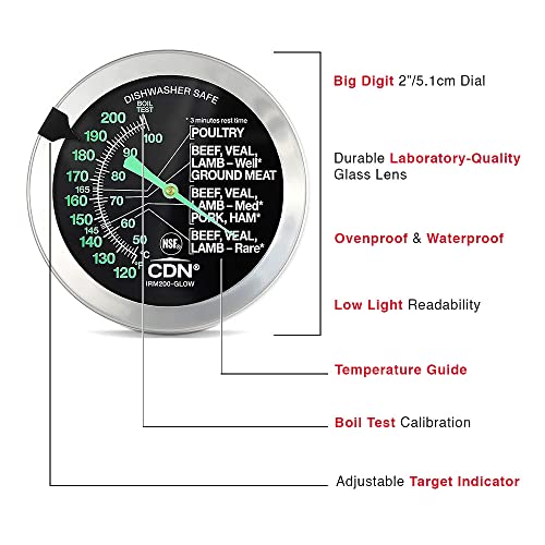 CDN Ovenproof Meat Thermometer – Glow | ProAccurate®, Temperature Guide on 2" Dial - Easy-to-Read in Low Light - Poultry, Roasting, Waterproof, NSF Certified - IRM200-GLOW