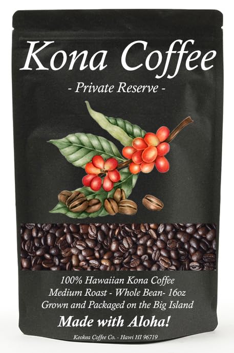 100% Hawaiian Kona Coffee - Whole Bean - Medium Roast - 1 lb (16oz) - Farm Fresh - Private Reserve - Grown and Packaged on the Big Island of Hawaii - Keokea Coffee Co.