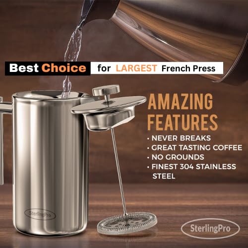 SterlingPro French Press Coffee Maker(1.75L)-Double Walled Large Coffee Press with 2 Free Filters-Enjoy Granule-Free Coffee Guaranteed, Stylish Rust Free Kitchen Accessory-Stainless Steel French Press