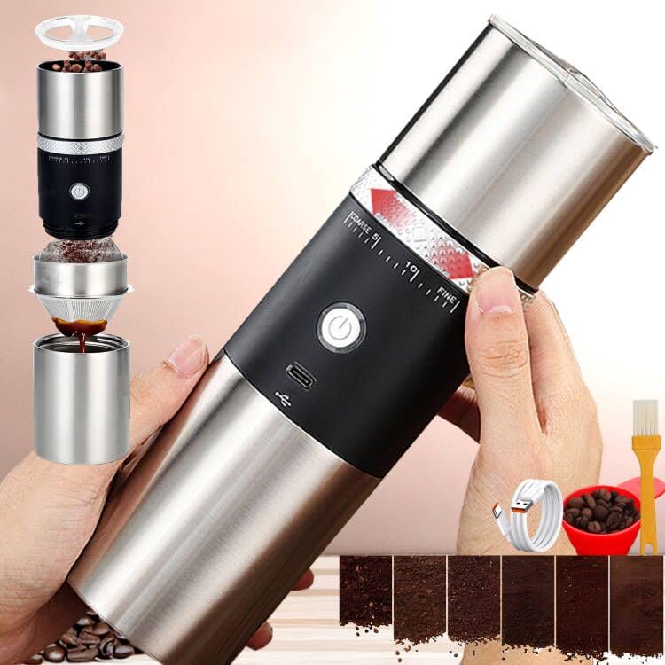 Portable Electric Conical Burr Coffee Grinders, Spice Grinder Electric, Bean Grinder,USB Rechargeable Coffee Maker Stainless Steel Coffee Bean Machine with 15 Fine to Coarse Grind Settings (Black)