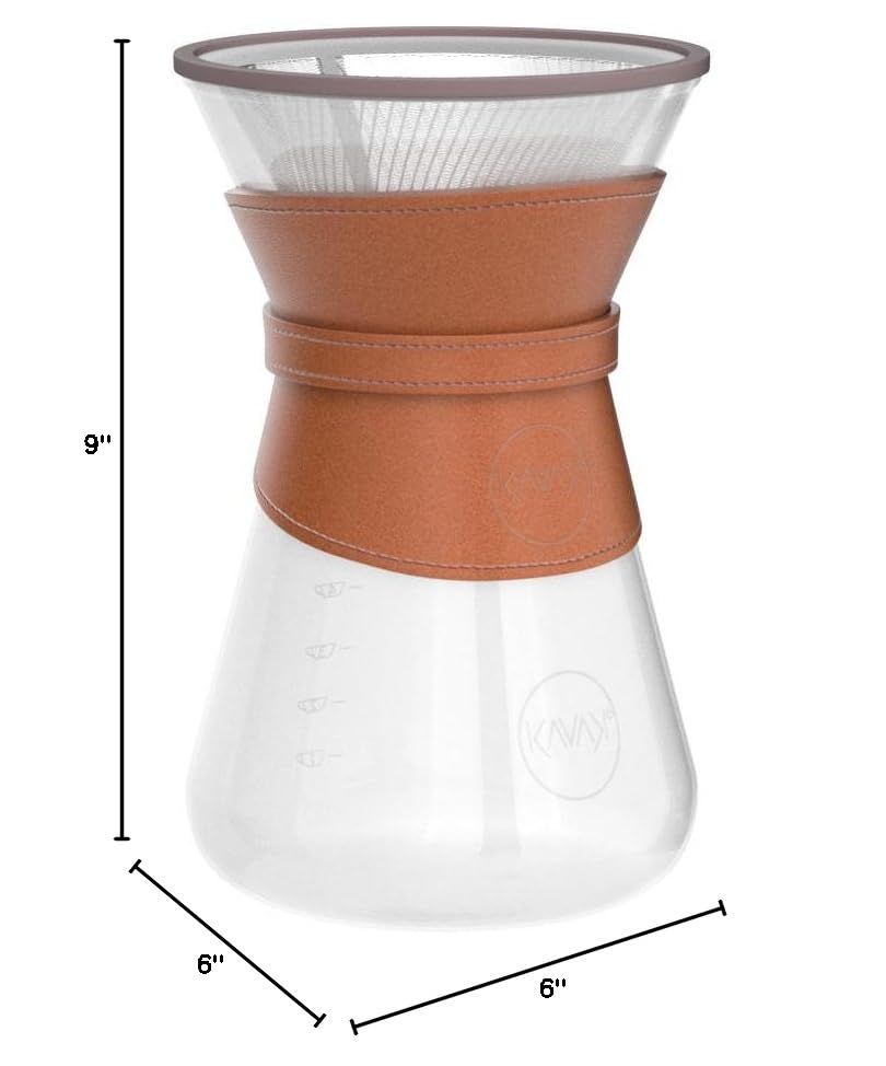 Pour Over Coffee Maker Set with Double-Layer Stainless Steel Filter, Coffee Dripper, Cork Lid and Leather Collar Holder - High Heat Resistance Borosilicate Glass Carafe, Great Gift Idea (37 oz)