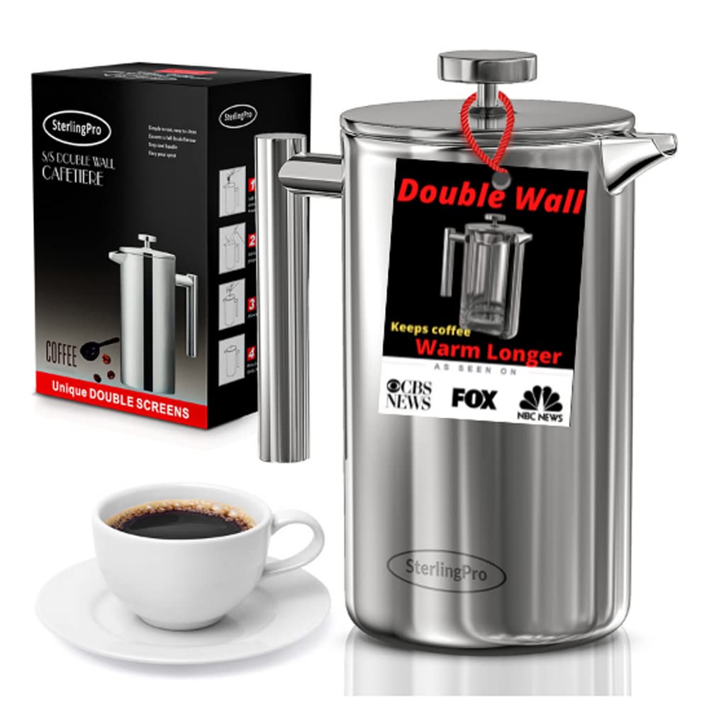 SterlingPro French Press Coffee Maker(1.75L)-Double Walled Large Coffee Press with 2 Free Filters-Enjoy Granule-Free Coffee Guaranteed, Stylish Rust Free Kitchen Accessory-Stainless Steel French Press