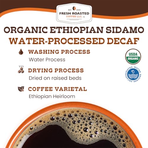 Fresh Roasted Coffee, Fair Trade Organic Ethiopian Sidamo Water Decaf, 2 lb (32 oz), Kosher, Medium Roast Whole Bean