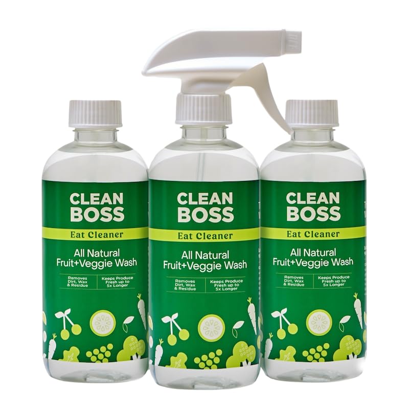 CleanBoss Eat Cleaner Triple-Action Fruit + Veggie Wash - 12 oz, Pack of 3 - Removes Harmful Residue - Keeps Produce Fresh Up to 5X Longer - Includes One Trigger - Vegan, Gluten Free - Improved Nozzle